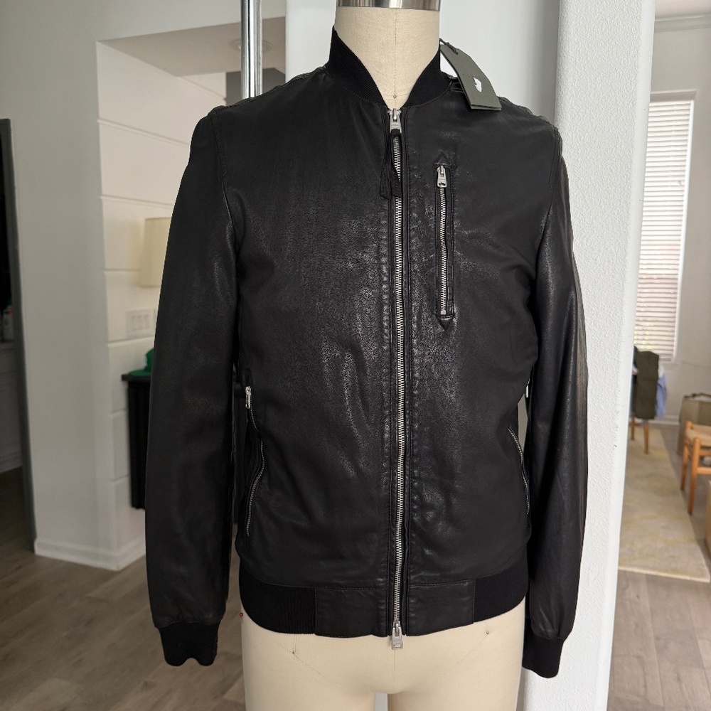 ALL SAINTS X- SMALL Mens Black Leather NINO Bomber Jacket